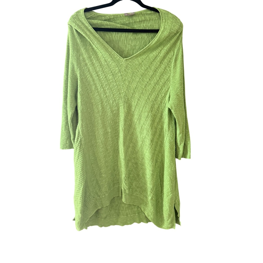 J. Jill Womens XL Lime Green Linen Cotton V-Neck Tunic Sweater Boho Art Textured